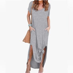 Women's Casual Loose Pocket Long Dress Short Sleeve Split Maxi Dresses
